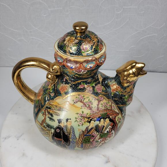 Vintage Royal Satsuma Tea Pot 9.5" Gold Hand Painted Textured Dragon Head Spout - Picture 5 of 16